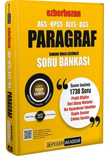 Pegem Akademi Yayıncılık AGS-KPSS-ALES-DGS Ezberbozan Paragraf Tamamı Video Çözümlü Soru Bankası