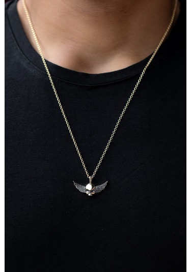 Uşaklıhafız 14 Ayar Altın Kanatlı Kafatası Figürlü Kolye 30 Mm 18 Mm