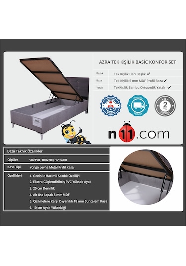 Azrayatakmobilya Tek Kişilik Yatak+Baza + Başlık Basic 90 x 190 CM