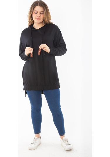 Kadın Büyük Beden Siyah Arkası Uzun Yan Yırtmaçlı Kapşonlu Sweatshirt 65n37310-siyah Siyah