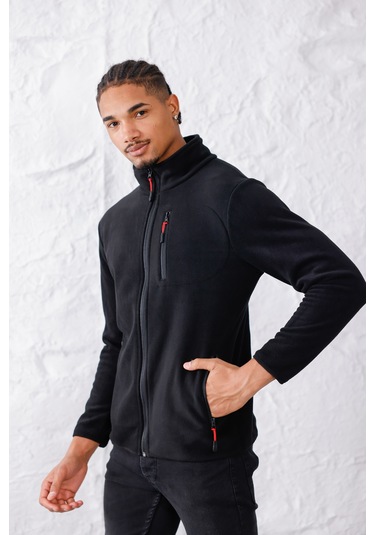 Monox Erkek Biyeli Fermuarlı Spor Polar Ceket Siyah