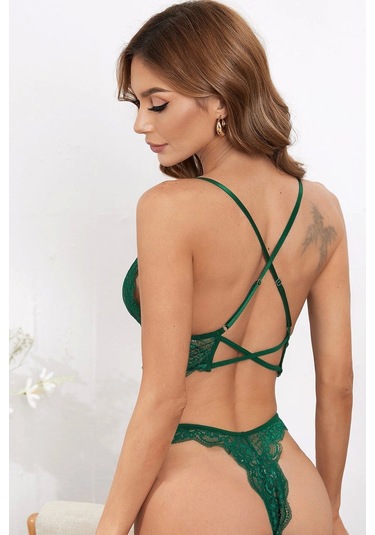 Kadın Yeşil Çapraz Sırt Detaylı Şık Bralet Takım Yeşil
