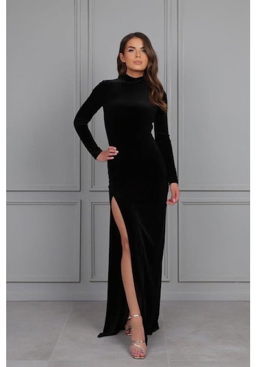 Kadın Uzun Kollu Yarım Balıkçı Yaka Derin Yırtmaç Detay Krep Tam Boy Elbise Siyah