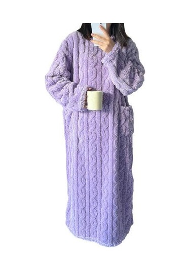 Sonbahar Kış Gecelik Kalın Mercan Polar Gevşek Cepler Sıcak Düz Renk Yuvarlak Boyun Bükülmüş Doku Uzun Kollu Tam Boy Termal Ev Tekstili Mor