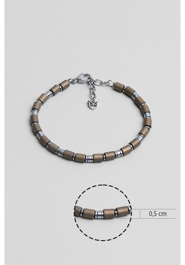 Kahverengi Hematit Taşlı Ayarlanabilir Erkek Çelik Üçlü Bileklik Seti Gri