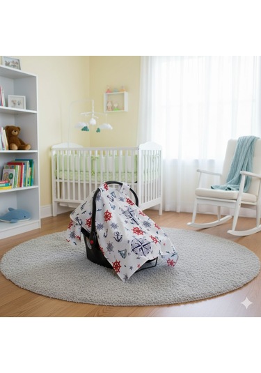 Denizci Temalı Bebek Puset Örtüsü Çapa & Dümen Desenli Çıt Çıtlı Puset Örtüsü Açık Mavi