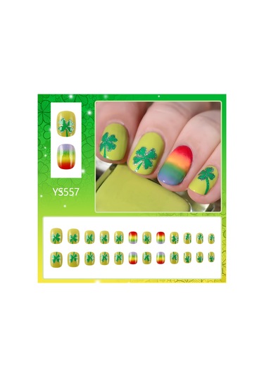 St. Patrick Günü Dört Yapraklı Yonca Gökkuşağı Giyilebilir Tırnaklar Gümüş Simli Basit Parlak Tırnak Sanatı 24 Adet Sahte Tırnak Araçlar Dahil Ys557