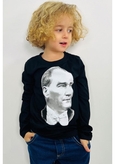 Breeze Erkek Çocuk Uzun Kollu Tişört Atatürk Baskılı 5-14 Yaş, Siyah Siyah