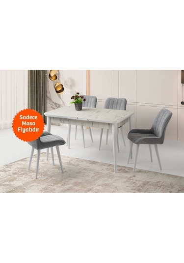 Hg Marmo Ortadan Açılır Büyüyen Yemek Masası Mermer Desenli 70x120cm Beyaz