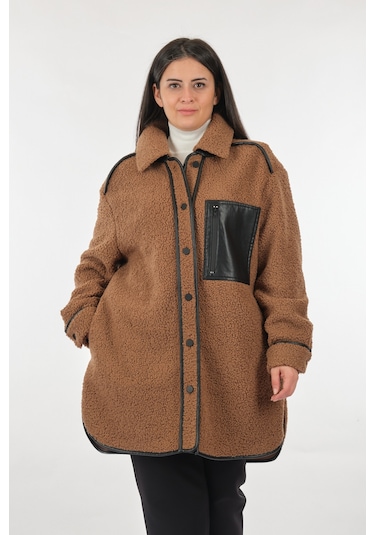 Ekol Düz Yaka Büyük Beden Cepli Camel Kadın Manto Camel