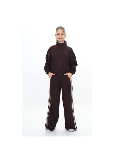 Kız Çocuk %100 Pamuk Oversize Alt&üst Uzun Kol Eşofman Takımı-183-eşt-0023 Kahverengi