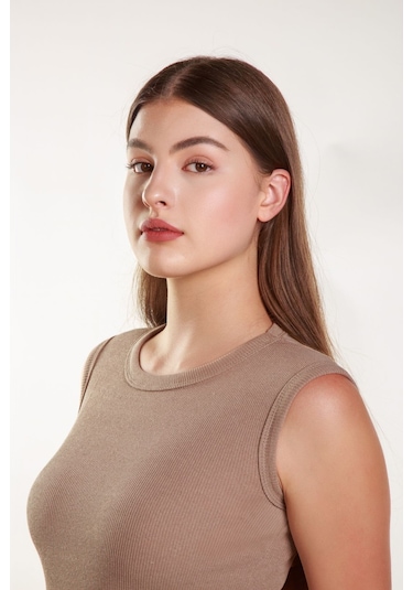 Kadın Vizon Fitilli Likralı Sıfır Kol Bisiklet Yaka Örme Atlet Tshirt Bluz Vizon