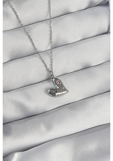 316l Çelik Zincir Gümüş Renk Renkli Zirkon Taşlı Kalp Kolye Altın