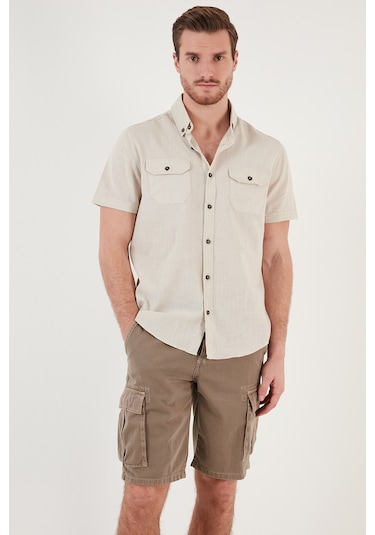 Buratti Düğmeli Yaka Pamuklu Slim Fit Cepli Erkek Gömlek Cf21S111153 Taş