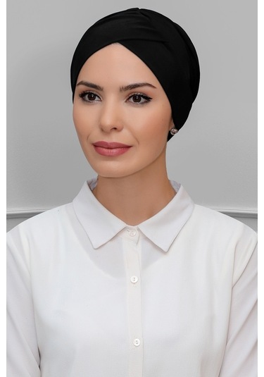 Siyah Pratik Hazır Geçmeli Tesettür Bone Sandy Kumaş Çapraz Büzgü (545490385) Siyah