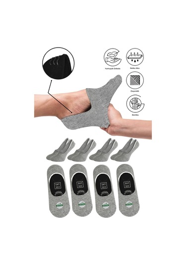Bambu Erkek Babet Gri Çorap Dikişsiz Görünmez Kaydırmaz Topuk Silikonlu Premium 4'lü Paket Gri