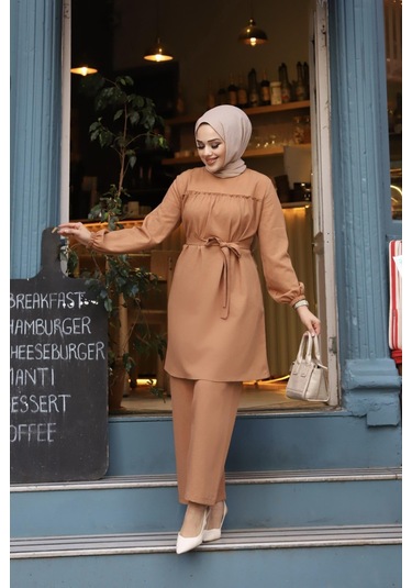 Fırfır Detaylı Tesettür Camel Takım Camel