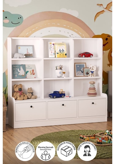 Bofigo 3 Kapaklı 9 Raflı Dolap Kitaplık Çok Amaçlı Dolap Oyuncak Dolabı Demet Beyaz Beyaz