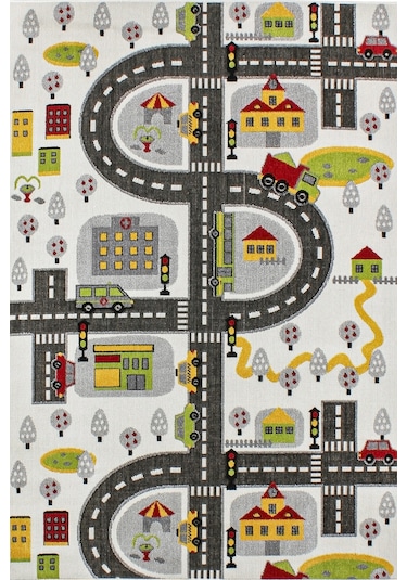 Konfor Halı 3 Boyutlu Beyaz Trafik Arabalı Dokuma Çocuk Oyun Halısı
