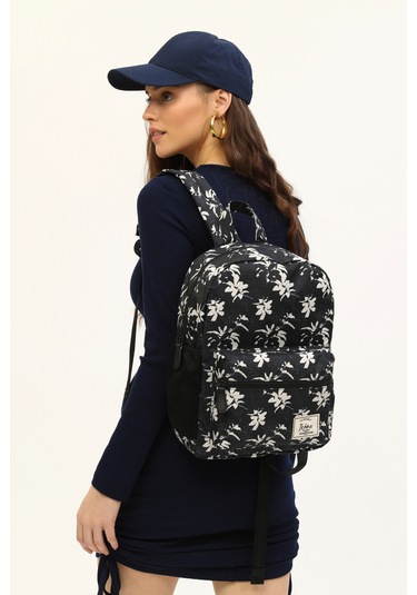 Icone Siyah Çiçek Baskılı Sırt Çantası Siyah