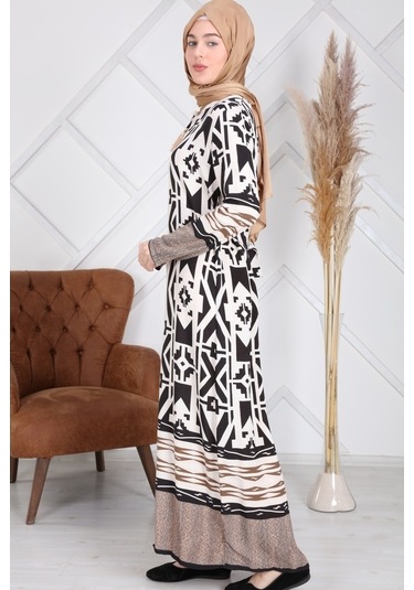 Reis Geometrik Desenli Viskon Tesettür ElbiseBeyaz