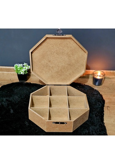 Ahşap Sekizgen Model 9 Bölmeli Aksesuar Kutusu Ham Boyanabilir