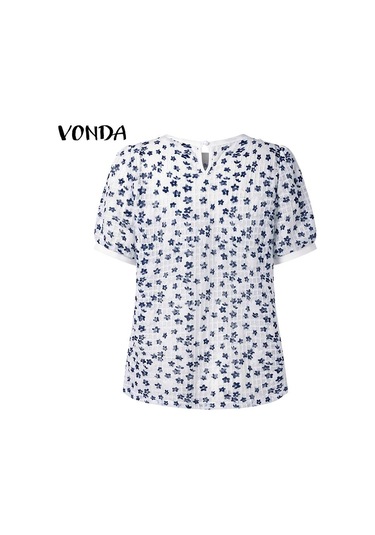 Koyu Mavi Vonda Kadın Yaz Yuvarlak Yaka Puf Kısa Kollu Pileli Çiçekli Bol Bluz Koyu Mavi Vonda Kadın Yaz Yuvarlak Yaka Puf Kısa Kollu Pileli Çiçekli Bol Bluz