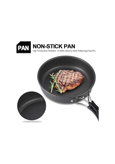 Tcherchi 3 Parça Set Kamp Tencere Seti Açık Pişirme Seti Su Isıtıcısı Tava Pot Sofra Ekipmanları Siyah - Yeşil Siyah