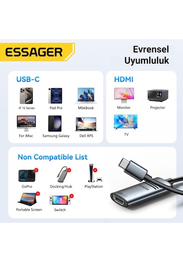 Essager 8k 60hz Type C To Hdmi Çevirici Adaptör, Ses Ve Görüntü Aktarıcı, Type C Hdmi Ekran Çoğaltıcı