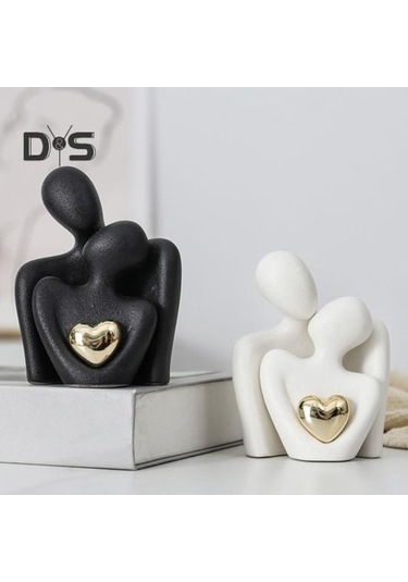 Novahub Çift Kucaklama Heykeli Beyaz Seramik Altın Kalp Erkek Kadın Aşk Heykeli Oturma Odası Yatak Odası Biblo M