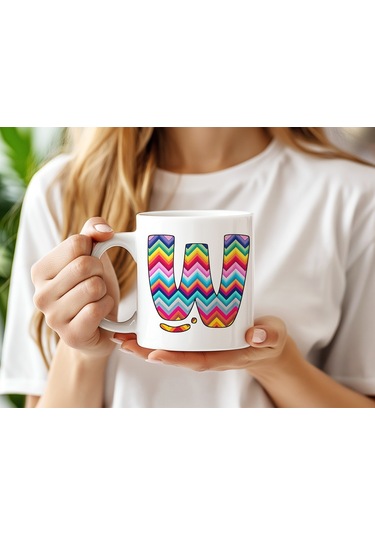 W Harfi Renkli Zigzag Desenli Kupa Bardak - Afrika Tarz Etnik Tasarım Kupa - Kişiye Özel Beyaz