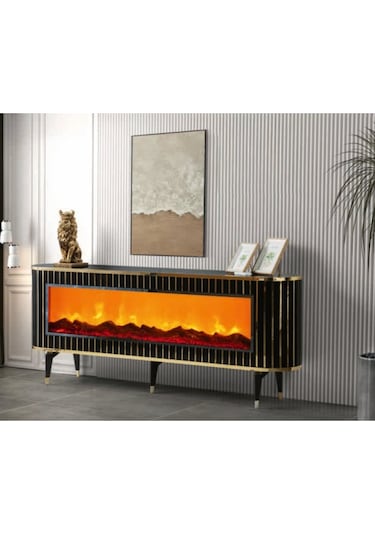 Bera Sonata - Gold Şömineli Gamze Tv Sehpası Gold - Siyah