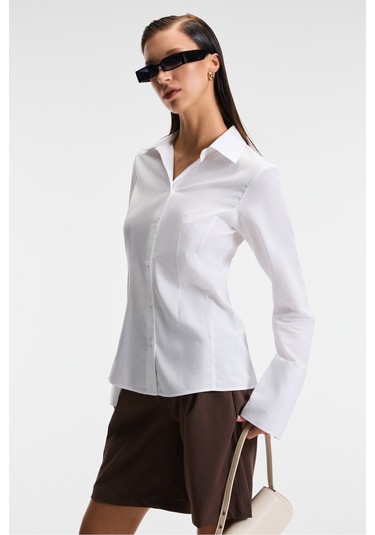 PAPILUS Kadın Regular %100 Organik Pamuk İnce Uzun Gömlek Yaka Uzun Kollu Beyaz Gömlek