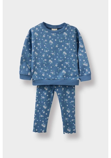 Defacto Kız Bebek 2li Takım Çiçek Desenli Sweatshirt Tayt F0532a525wnbe88 Mavi
