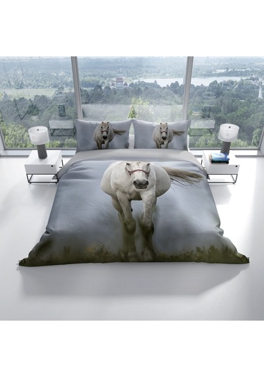 Cattleya Horse 3D Pamuk Saten Çift Kişilik Nevresim Takımı Çok Renkli