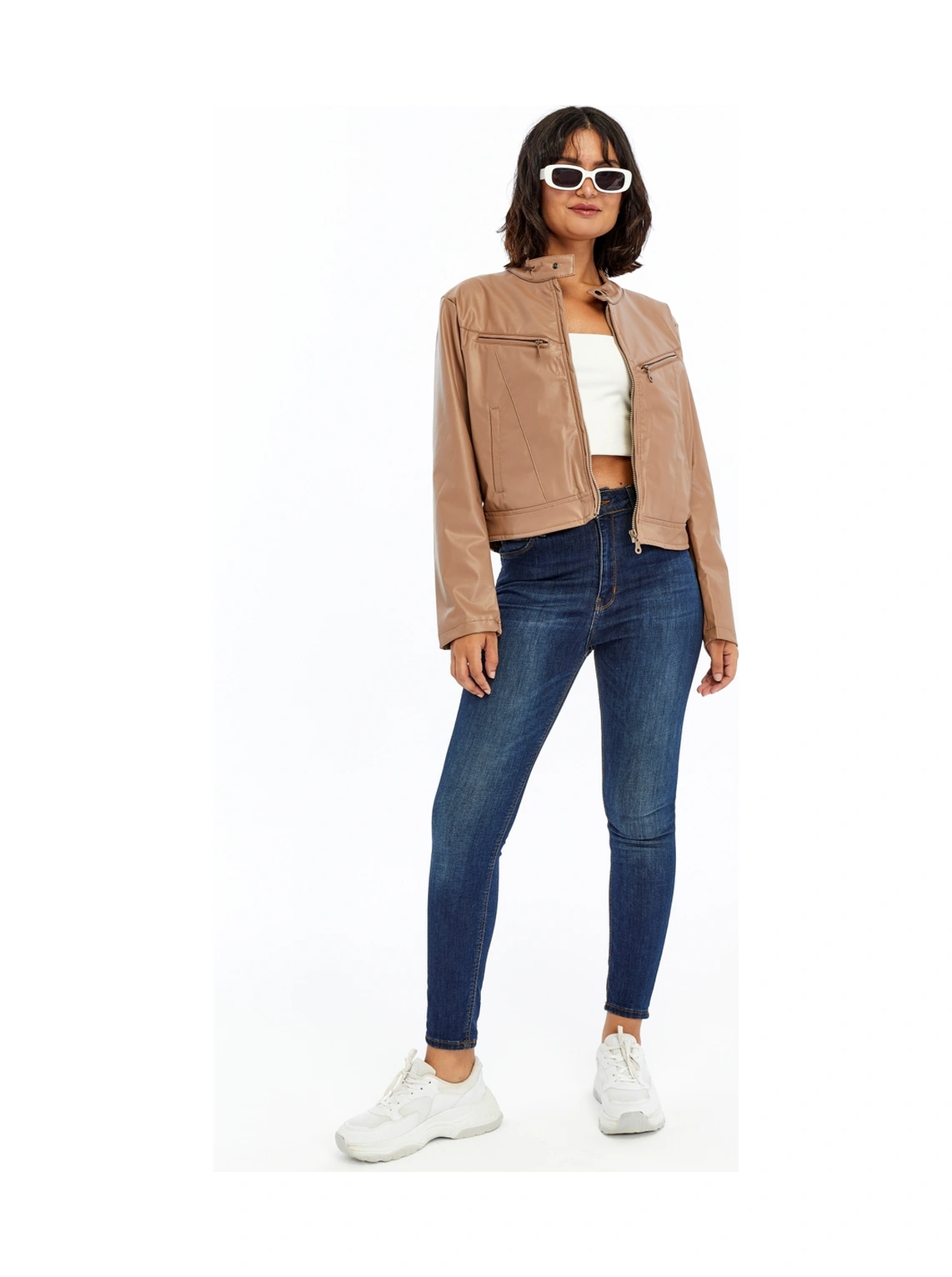 Kadın Deri Ceket Niş Kompakt Tasarım Mont Günlük Kullanım Fermuar Hakim Yaka Şık Ceket Pudra