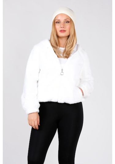 Giyim Dünyası Kadın Kapüşonlu Peluş Mont Beyaz 001