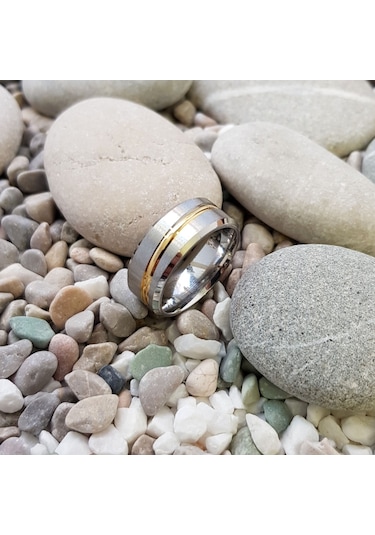 Chavin Gri Sarı Çizgili Bayan Erkek Çelik Yüzük Alyans Ec45Bysr