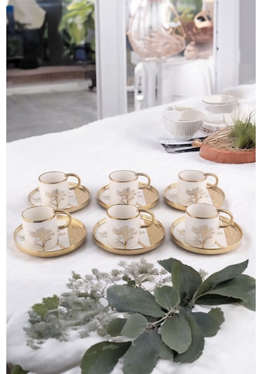 Violet 6 Kişilik Hayat Ağacı Desenli Gold Yaldızlı Porselen Kahve Fincan Takımı Beyaz