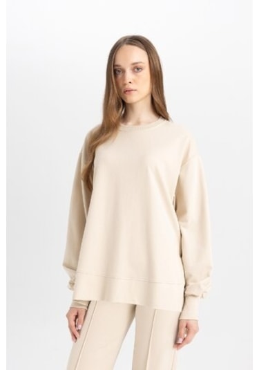 Defacto Regular Fit Bisiklet Yaka Basic Düz Sweatshirt Tunik D4800AX24AUBG359 Bej