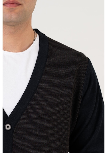 Woolen World Düğmeli Çift Cepli Nokta Desenli Erkek Triko Hırka 001