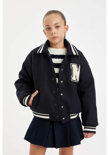 DeFacto Kız Çocuk Yazı Baskılı Çıtçıtlı Ribana Kollu Kolej Mont C5406A824AUNV256 Lacivert