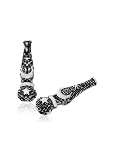 Gümüş Nokta İşlemeli Ayyıldız Motifli Tesbih İmamesi Gümüş