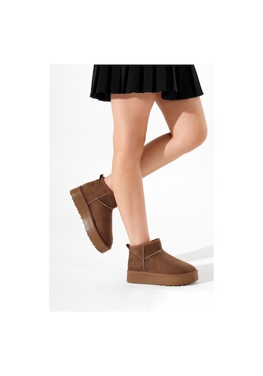 Kalın Poli Taban İçi Kürklü Süet Görünümlü Kadın Taba Bot Tbmhh005 Taba