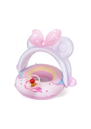 Sevimli Direksiyonlu Güneş Korumalı Plaj Havuz Deniz Bebek Yüzme Simidi 0-4 Yaş Pembe