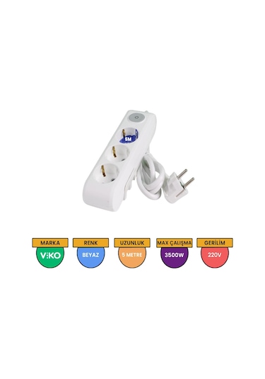Viko Multi-let 3'lü Grup Priz Anahtarlı Topraklı Çocuk Korumalı 5 Metre Beyaz - 90117305