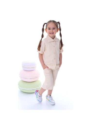 Kız Çocuk Desenli Gömlekli Takım-6366-Krem