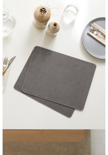 2 Adet Gri Deri Sofra Sunum Tabak Altlığı Supla Amerikan Servisi 40 x 30 CM Gri