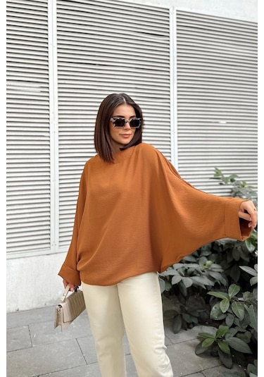 Kadın Taba Airobin Yarasa Duble Kol Salaş Bluz Ekstra Oversize Yuvarlak Yaka - Tesettüre Uygun Taba