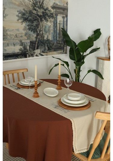 Yakacihome Elora Duck Keten Yıkanabilir Leke Tutmaz Cappuccino Kopenaki Dantel Detaylı Runner 40x140 Cm Krem